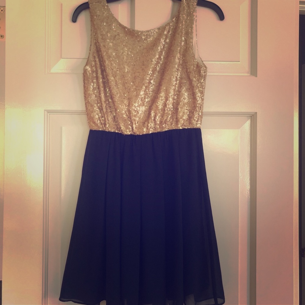 Gold and navy sequin dress